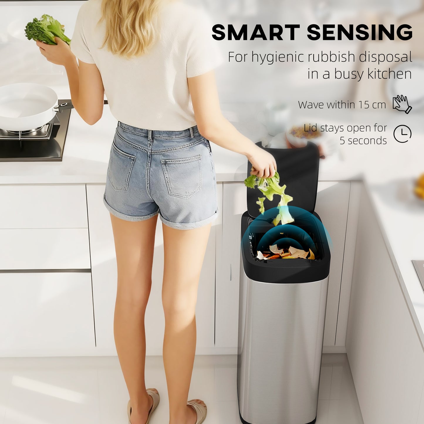 50L Sensor Bin, Automatic Kitchen Bin, Manual Override, Battery Operated, Inner-Bucket-Free, For Kitchen, Bedroom