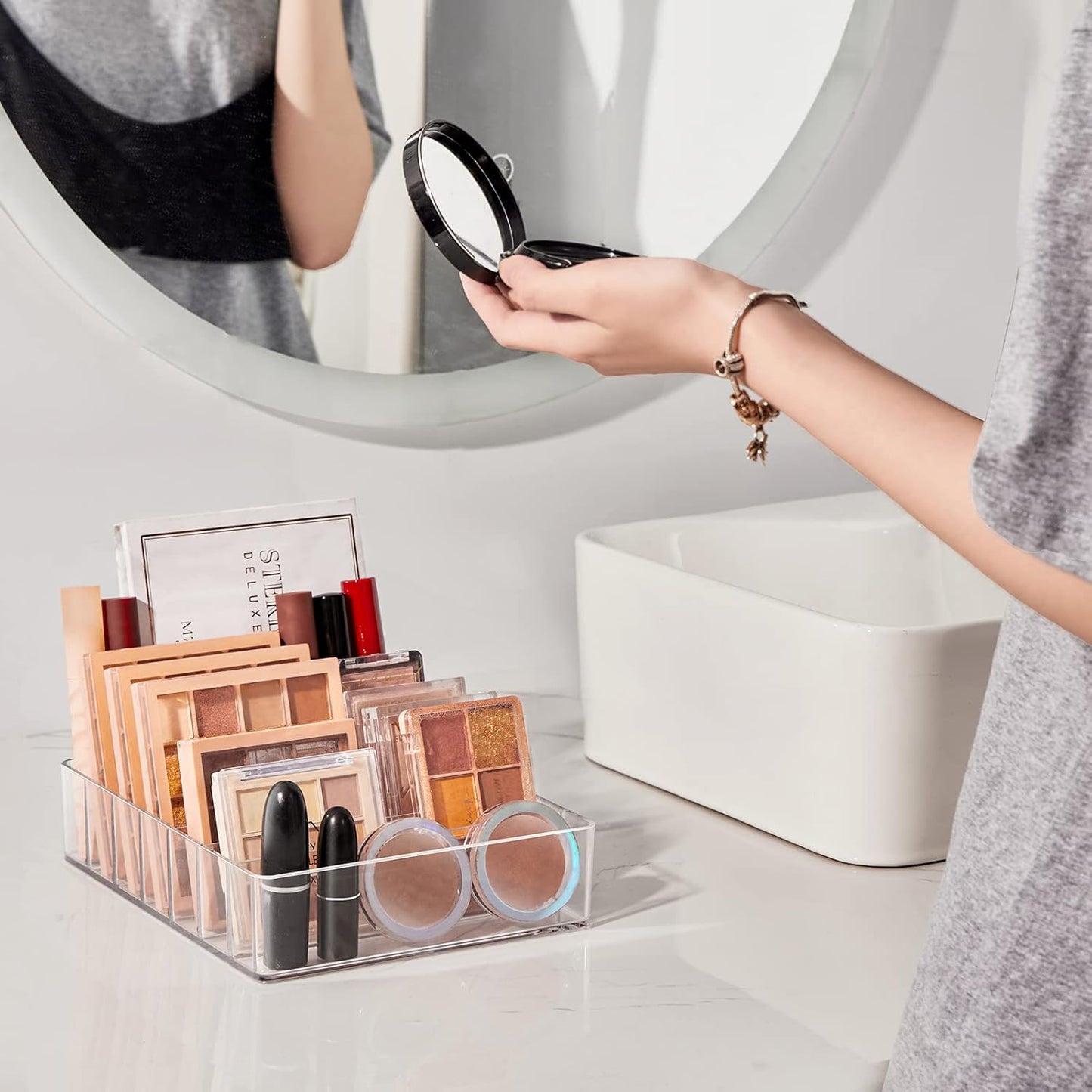 Makeup Organizer For Eyeshadow Palette And Lipstick Organizer, 7 Section Divided Makeup Palette Organizer For Vanity Drawer Countertop Modern Cosmetics Storage