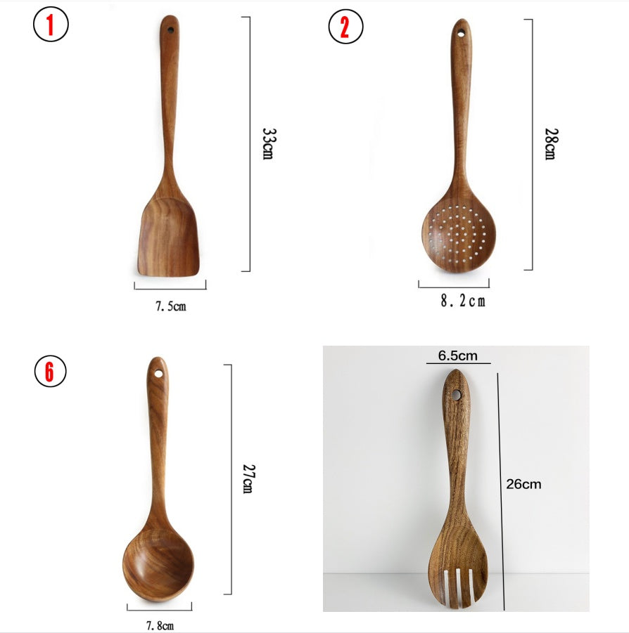 Thailand Teak art Natural Wood table Spoon Ladle Turner Long Rice Colander Soup Skimmer Cooking Spoons Scoop Kitchen Tool Set