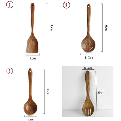 Thailand Teak art Natural Wood table Spoon Ladle Turner Long Rice Colander Soup Skimmer Cooking Spoons Scoop Kitchen Tool Set