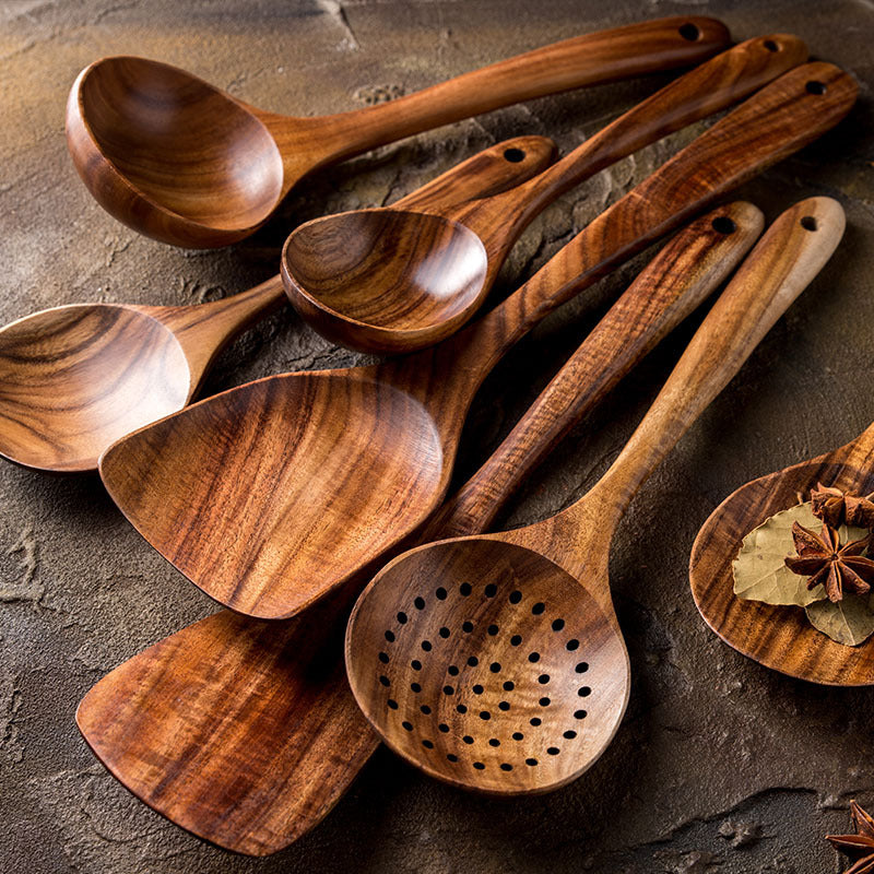 Thailand Teak art Natural Wood table Spoon Ladle Turner Long Rice Colander Soup Skimmer Cooking Spoons Scoop Kitchen Tool Set
