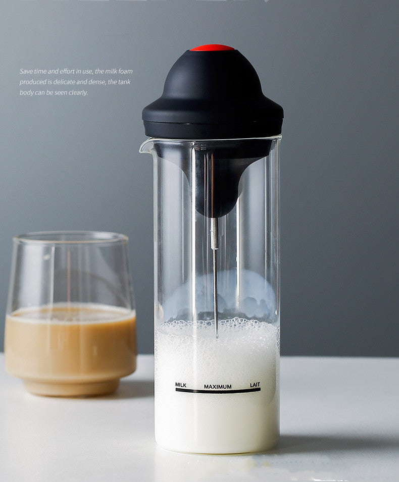 Electric Milk Frother Latte Maker – Beverage Mixing Cup with Glass Jar & Stainless Steel Whisk