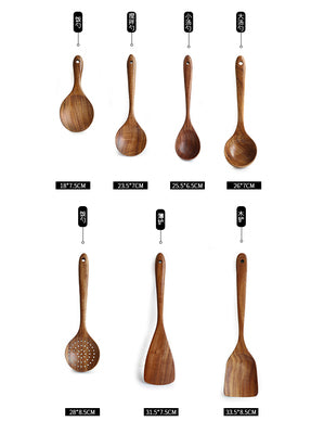 Thailand Teak art Natural Wood table Spoon Ladle Turner Long Rice Colander Soup Skimmer Cooking Spoons Scoop Kitchen Tool Set