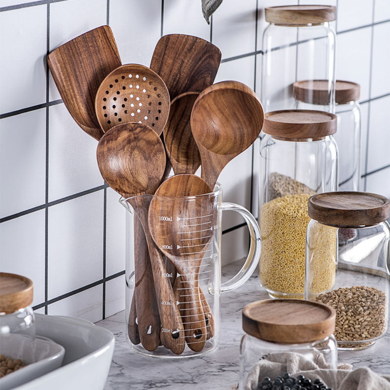 Thailand Teak art Natural Wood table Spoon Ladle Turner Long Rice Colander Soup Skimmer Cooking Spoons Scoop Kitchen Tool Set