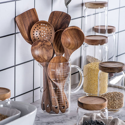 Thailand Teak art Natural Wood table Spoon Ladle Turner Long Rice Colander Soup Skimmer Cooking Spoons Scoop Kitchen Tool Set
