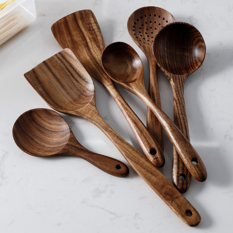 Thailand Teak art Natural Wood table Spoon Ladle Turner Long Rice Colander Soup Skimmer Cooking Spoons Scoop Kitchen Tool Set