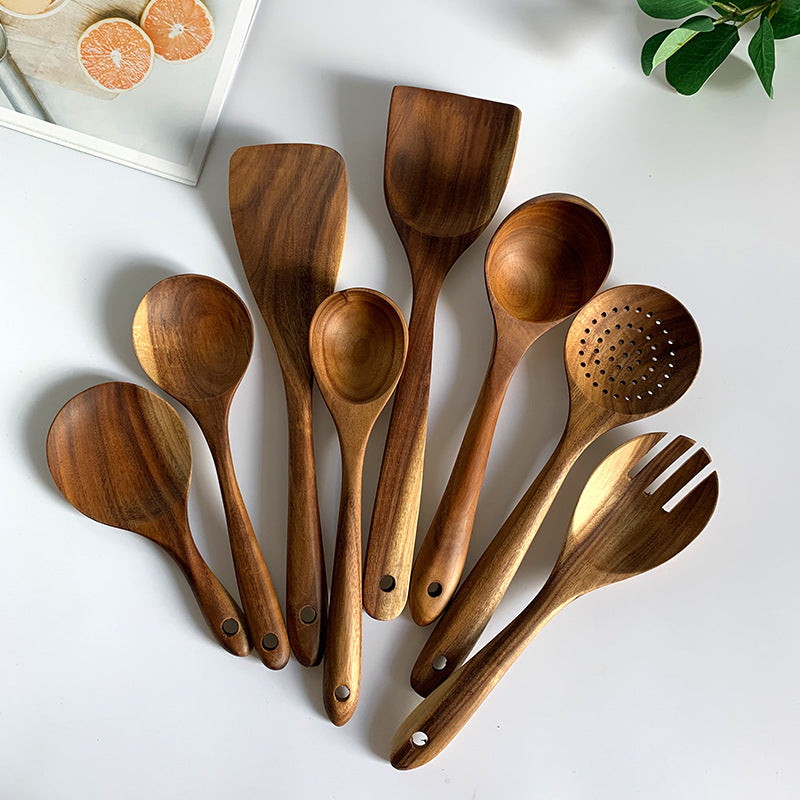 Thailand Teak art Natural Wood table Spoon Ladle Turner Long Rice Colander Soup Skimmer Cooking Spoons Scoop Kitchen Tool Set