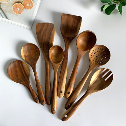 Thailand Teak art Natural Wood table Spoon Ladle Turner Long Rice Colander Soup Skimmer Cooking Spoons Scoop Kitchen Tool Set