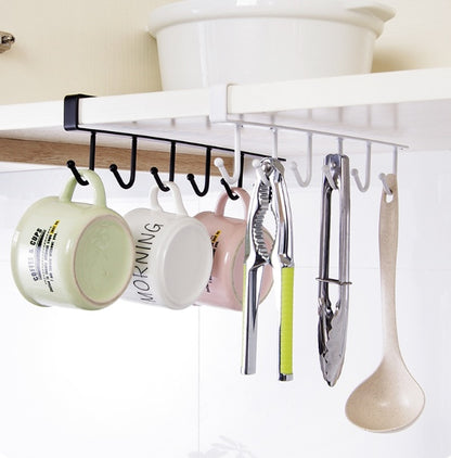 Kitchen Cabinet Under Shelf 6 Hooks Cup Mug Holder Kitchen Iron Hanging Storage Rack Cupboard Organizer Hooks Bedroom Wardrobe