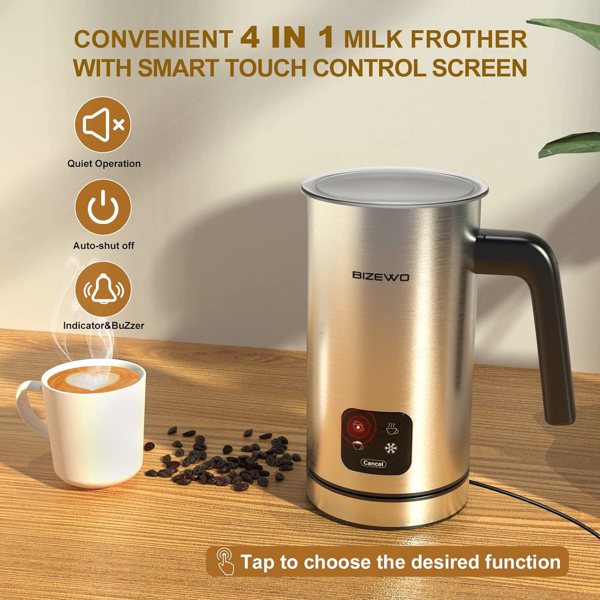 4-in-1 Electric Milk Frother & Milk Warmer – Automatic Stainless Steel Coffee Foam Maker for Cappuccino, Latte & Hot Chocolate