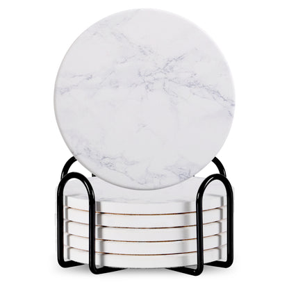 Set Of 6 Beverage Coasters With Stand Round 4in Ceramic Coaster With Metal Stand Absorbent Marble Stone Coaster With Cork Base