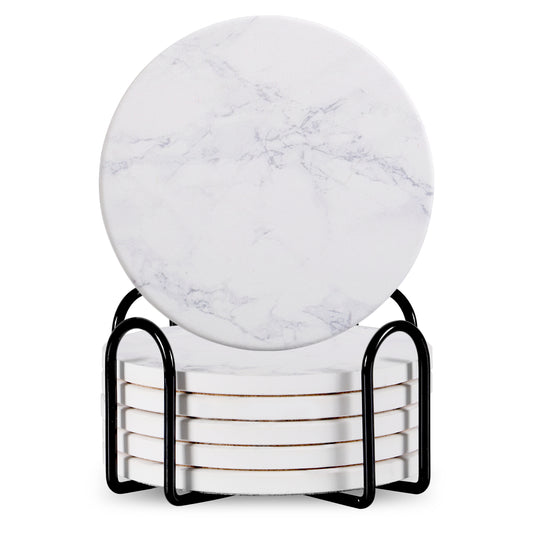 Set Of 6 Beverage Coasters With Stand Round 4in Ceramic Coaster With Metal Stand Absorbent Marble Stone Coaster With Cork Base