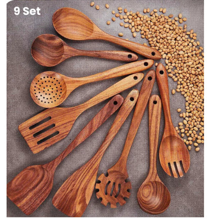 Thailand Teak art Natural Wood table Spoon Ladle Turner Long Rice Colander Soup Skimmer Cooking Spoons Scoop Kitchen Tool Set