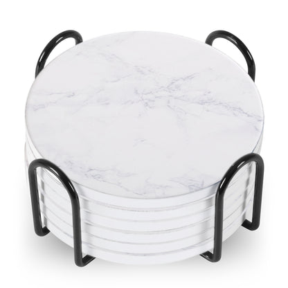 Set Of 6 Beverage Coasters With Stand Round 4in Ceramic Coaster With Metal Stand Absorbent Marble Stone Coaster With Cork Base