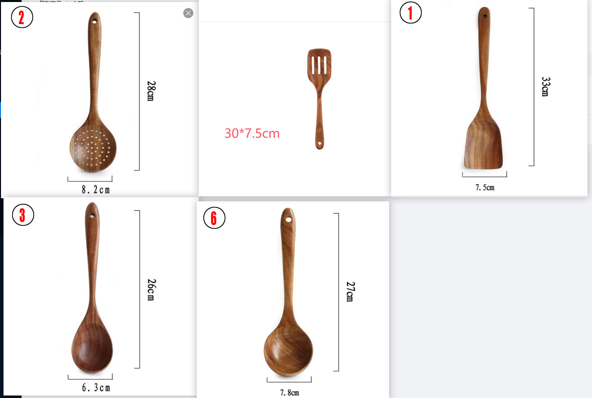 Thailand Teak art Natural Wood table Spoon Ladle Turner Long Rice Colander Soup Skimmer Cooking Spoons Scoop Kitchen Tool Set