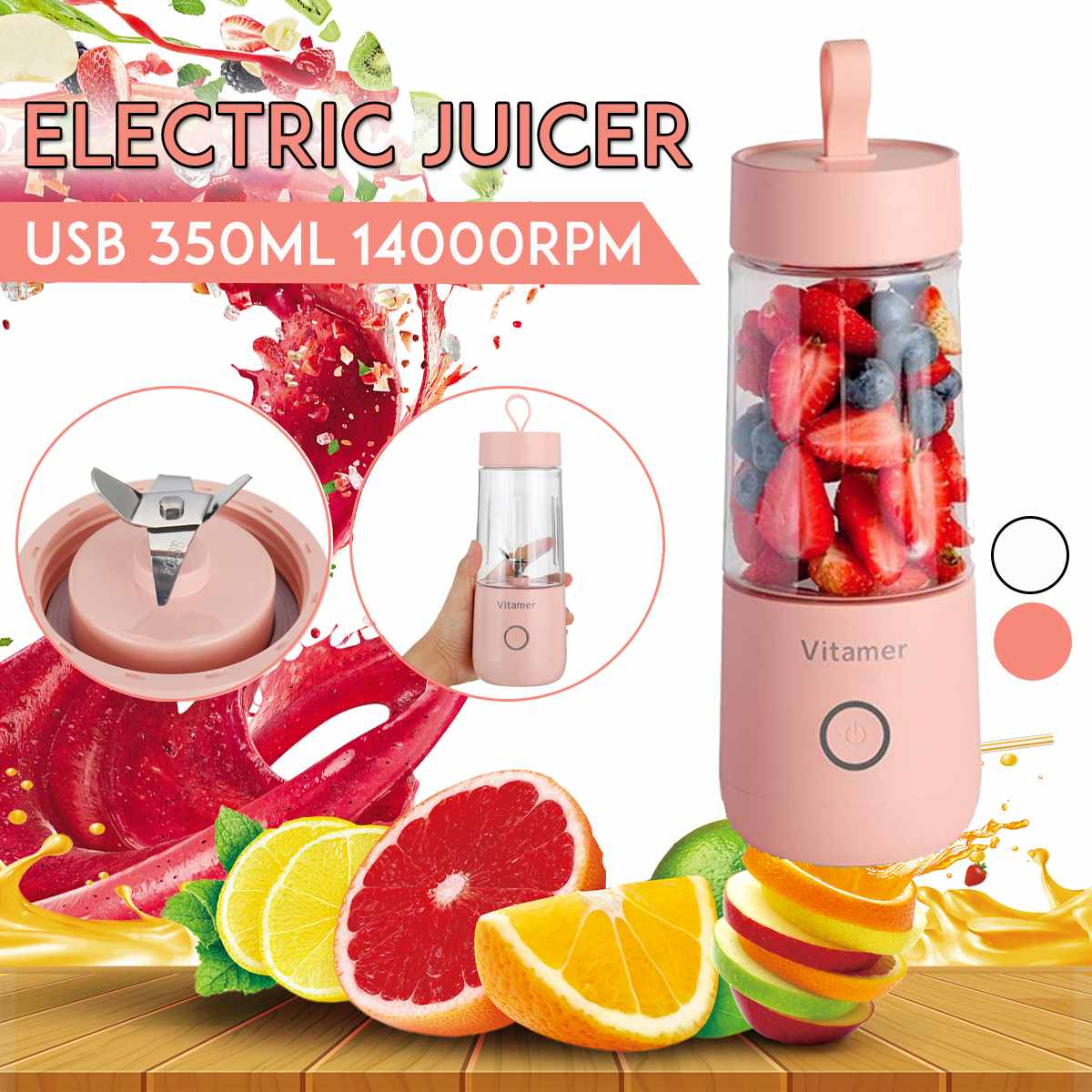 350ml Portable Blender Juicer – USB Rechargeable Personal Smoothie & Juice Mixer Bottle
