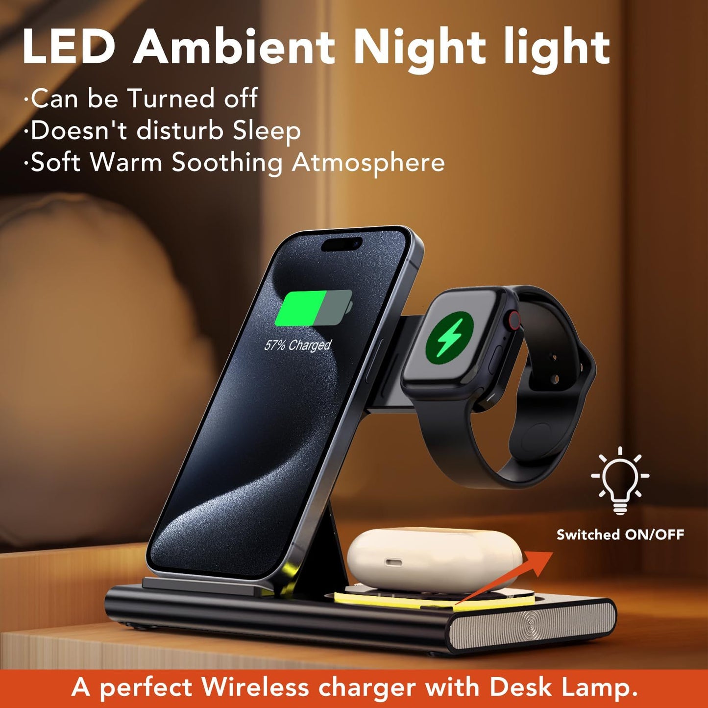 Wireless Charger Station, 4 In 1 Foldable 15W Fast Charging Wireless Charging Station With Night Light For IPods IWatch