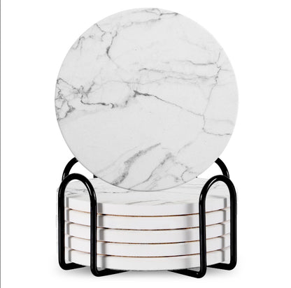 Set Of 6 Beverage Coasters With Stand Round 4in Ceramic Coaster With Metal Stand Absorbent Marble Stone Coaster With Cork Base