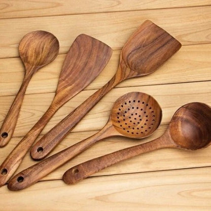 Thailand Teak art Natural Wood table Spoon Ladle Turner Long Rice Colander Soup Skimmer Cooking Spoons Scoop Kitchen Tool Set