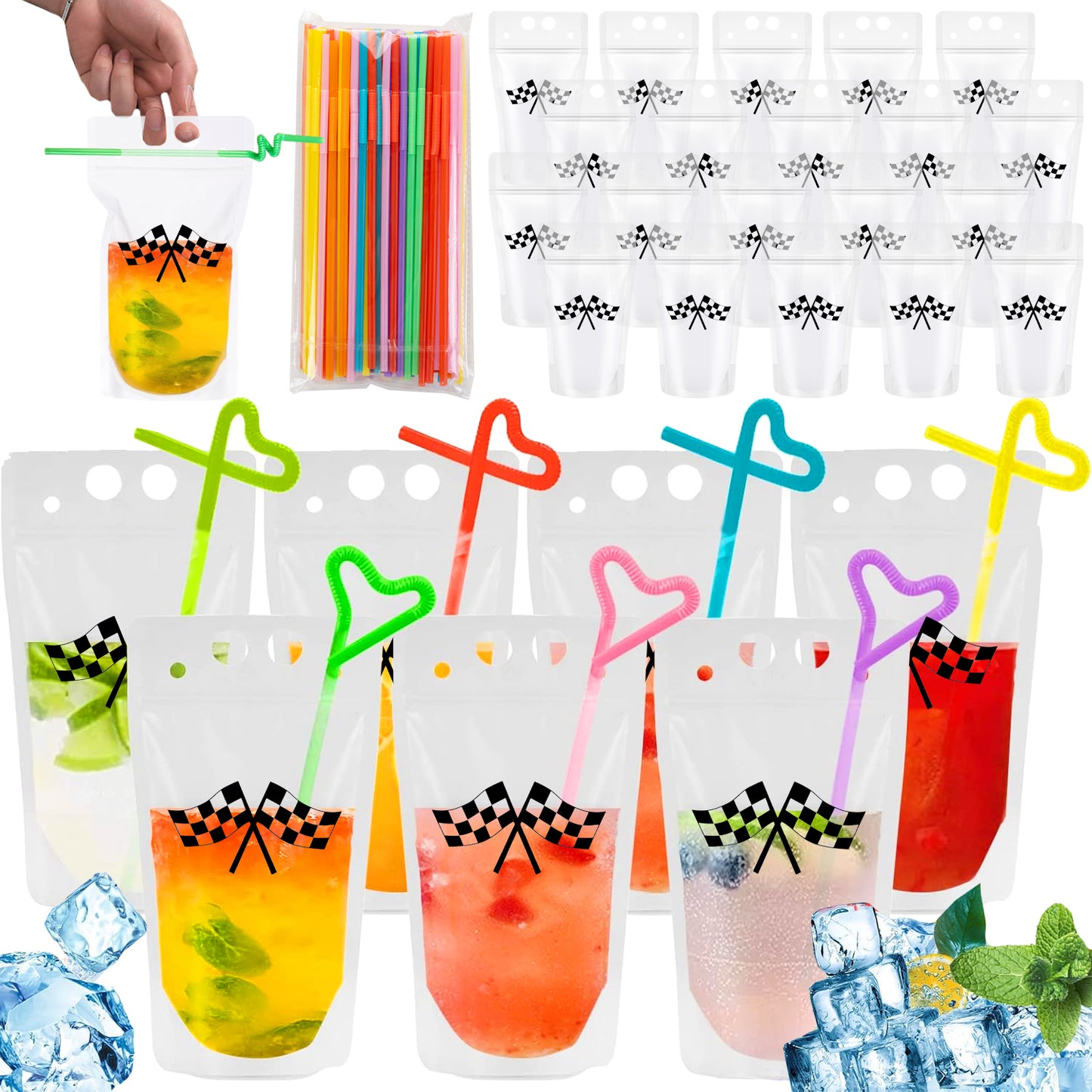40Pcs Clear Drink Pouches With  Straw
