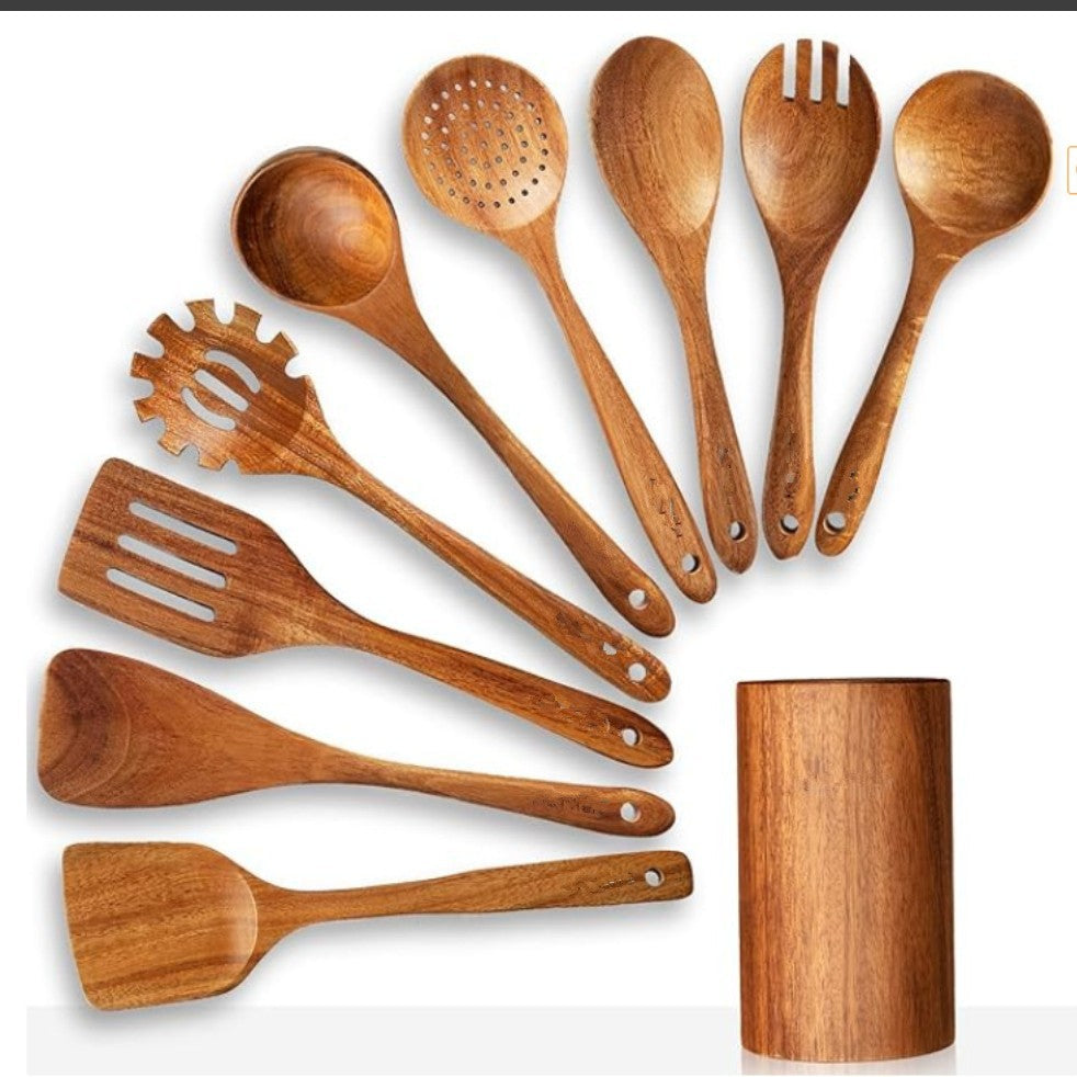 Thailand Teak art Natural Wood table Spoon Ladle Turner Long Rice Colander Soup Skimmer Cooking Spoons Scoop Kitchen Tool Set
