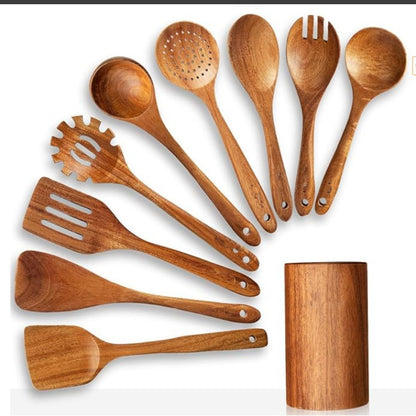 Thailand Teak art Natural Wood table Spoon Ladle Turner Long Rice Colander Soup Skimmer Cooking Spoons Scoop Kitchen Tool Set