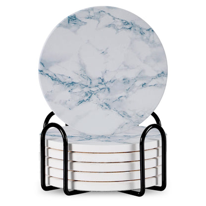 Set Of 6 Beverage Coasters With Stand Round 4in Ceramic Coaster With Metal Stand Absorbent Marble Stone Coaster With Cork Base