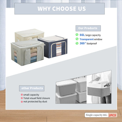 2PCS Foldable Oxford Cloth Storage Boxes  Large Capacity With Clear Window & Sturdy Zippered Lids  Multi-Size Stackable Organizer Bins For Clothes And Quilts  Space-Saving, Easy Access Design  Ide