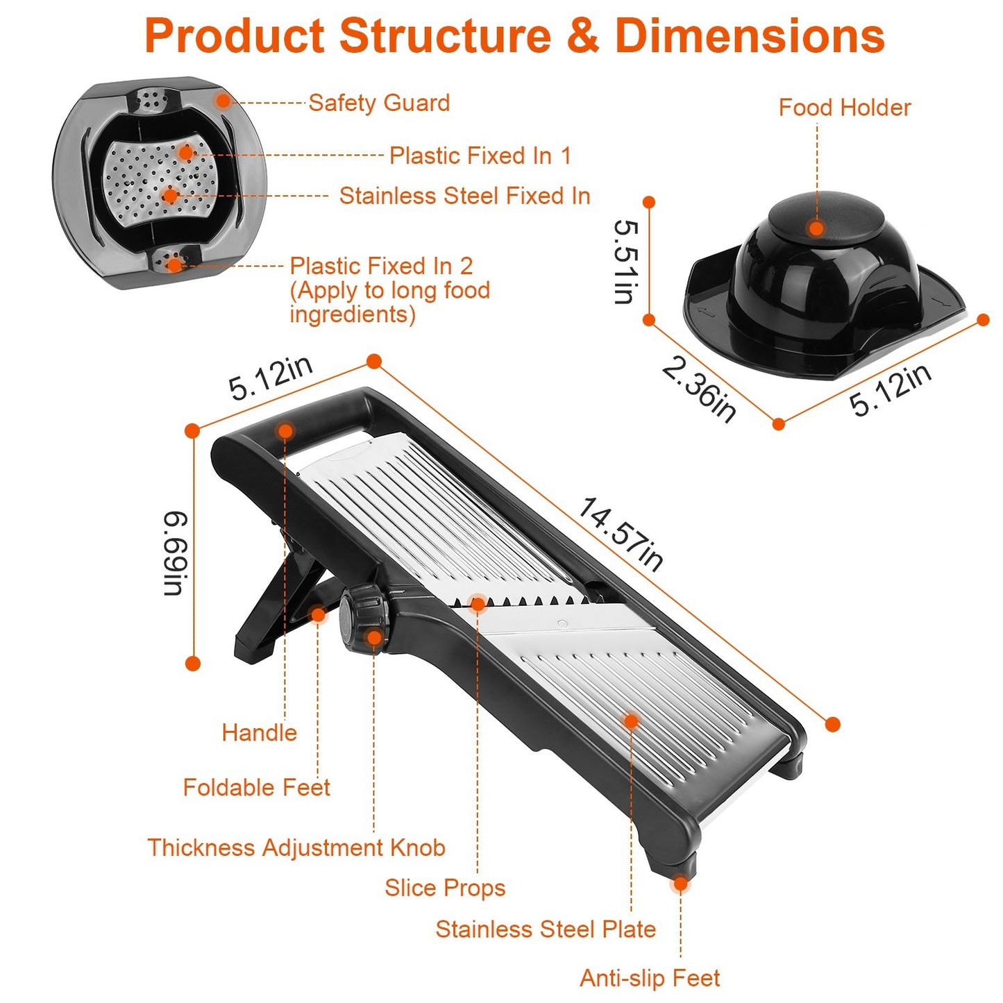 1Pc Mandoline Food Slicer Stainless Steel Food Cutter Vegetable Fruit Chopper Grater Peeler Kitchen Julienne Slicer With 5 Adjustable Blades Food Holder