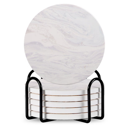 Set Of 6 Beverage Coasters With Stand Round 4in Ceramic Coaster With Metal Stand Absorbent Marble Stone Coaster With Cork Base